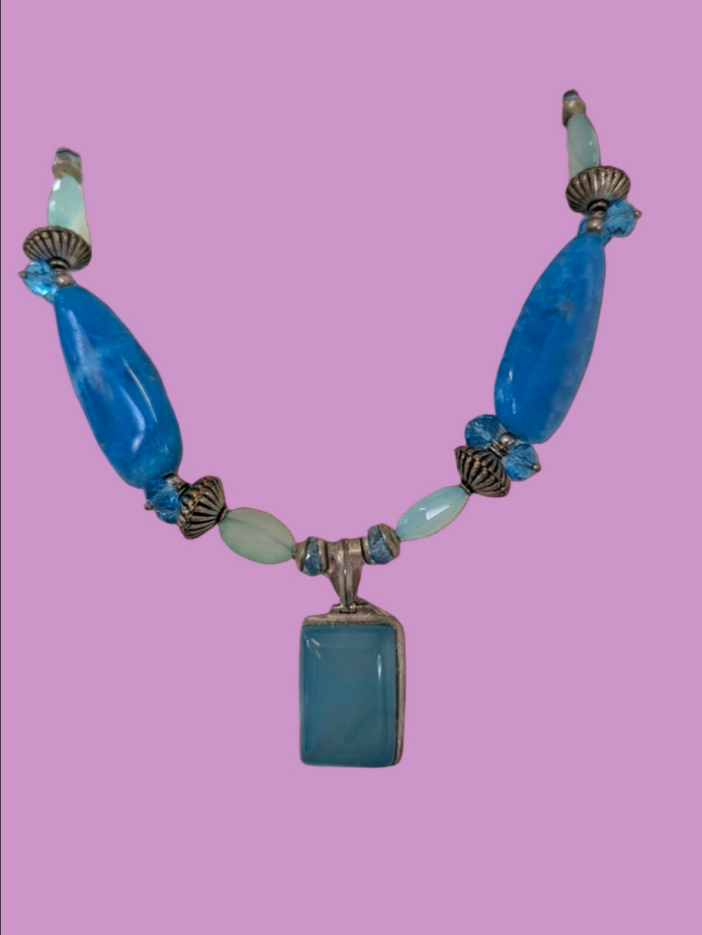 Vintage Chalcedony Stone Statement Necklace In Aqua And Blue Sterling Casing